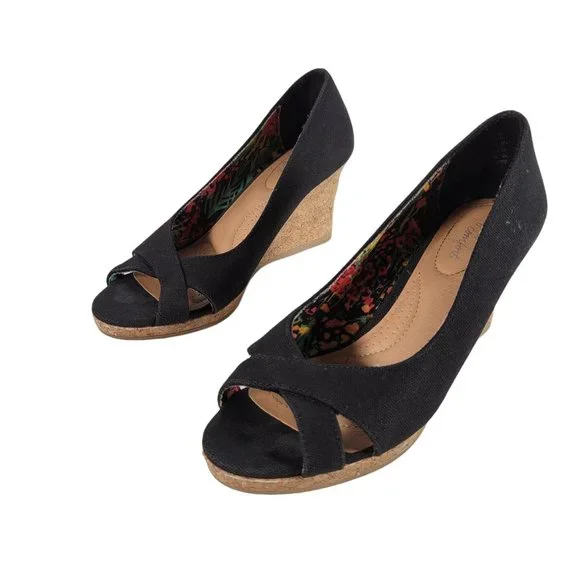 DexFlex Comfort Black Canvas Cork Wedge Peep Heels Shoes Women Size 6 - Picture 2 of 11